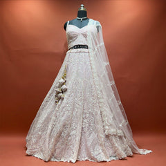 Baby pink net handwork lehenga with blouse, net dupatta and latkans on mannequin