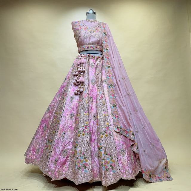 Pink multicolor Banarasi lehenga with heavy blouse and organza dupatta, full skirt