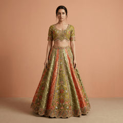 Multicolor lehenga with embroidered blouse, sequined yoke and flared skirt
