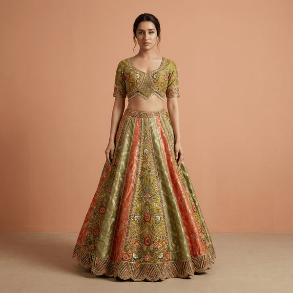 Multicolor lehenga with embroidered blouse, sequined yoke and flared skirt