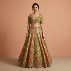 Multicolor embroidered lehenga with short-sleeve blouse and full flared skirt