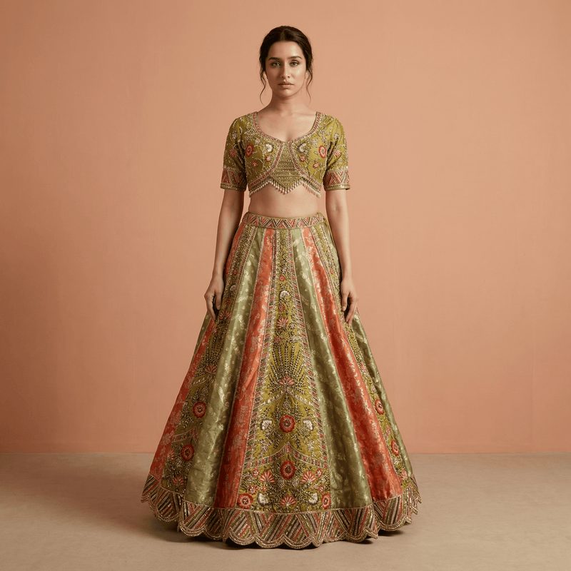 Multicolor embroidered lehenga with short-sleeve blouse and full flared skirt