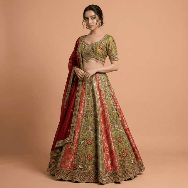 Varnali multicolor lehenga with embroidered blouse, flared skirt, and maroon dupatta