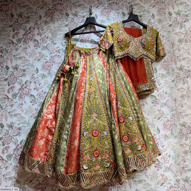 Varnali multicolor lehenga on hangers, embroidered blouse with maroon yoke