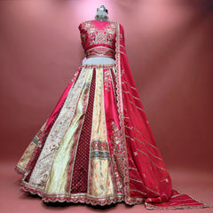 Pink and multicolor patchwork lehenga with embroidered bodice and full skirt