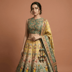 Varnali printed lehenga with sleeveless blouse and draped dupatta, green and yellow tones