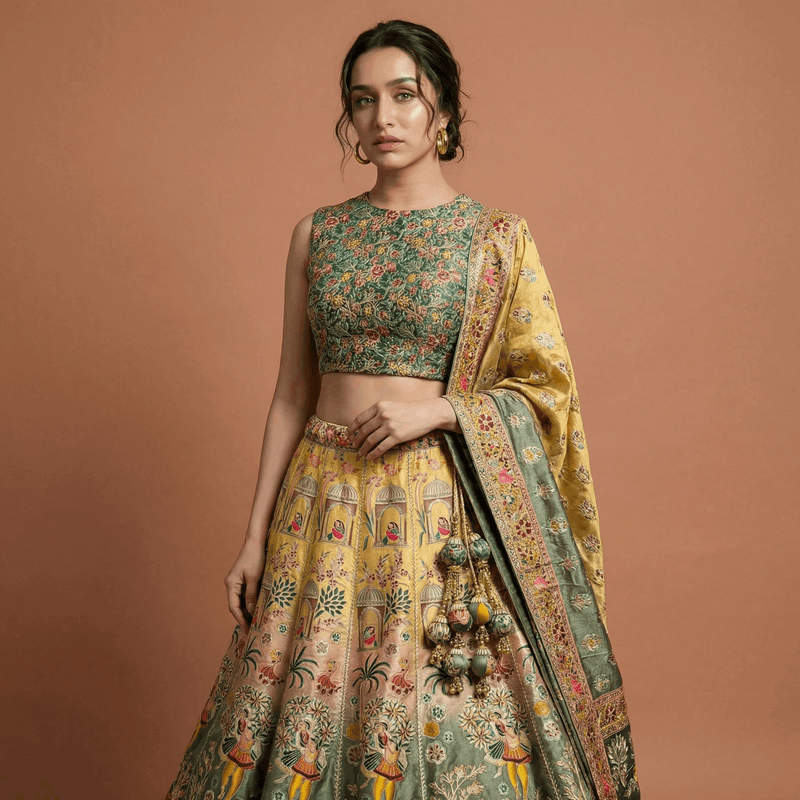 Varnali printed lehenga with sleeveless blouse and draped dupatta, green and yellow tones