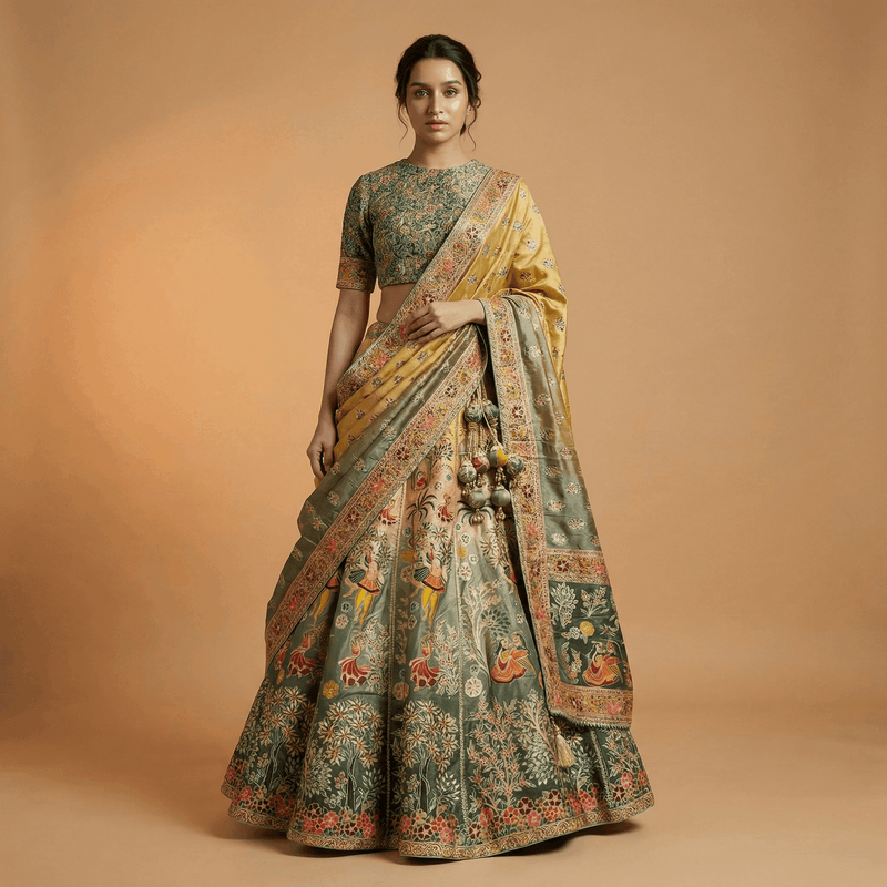 Varnali printed viscose silk lehenga with dark green, yellow and multicolor border