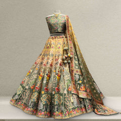 Varnali lehenga set on mannequin with embroidered blouse, flared skirt and tassel dupatta