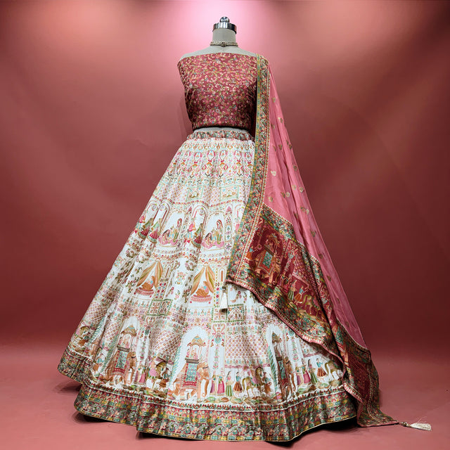 Carnival print lehenga skirt with tiered ruffles and matching pink dupatta