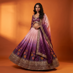 Shringaar: Position Print Silk Lehenga with Work Blouse Ready-To-Wear