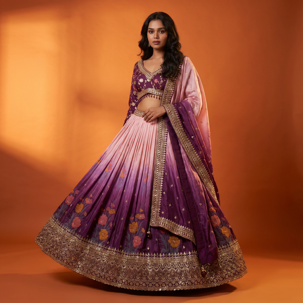 Shringaar: Position Print Silk Lehenga with Work Blouse Ready-To-Wear