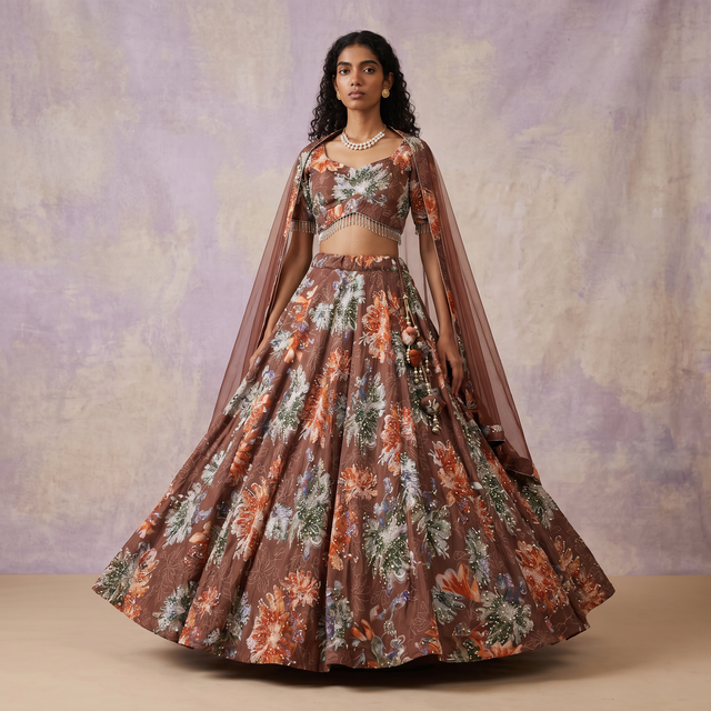Mocha floral print lehenga with matching sheer cape sleeves and flared skirt