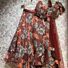 Hanging floral lehenga choli set with sheer dupatta, mocha and orange tones