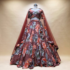 Floral printed lehenga choli with sheer maroon dupatta, back view
