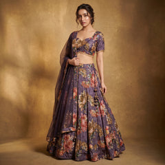 Purple floral printed lehenga with flared skirt and matching dupatta