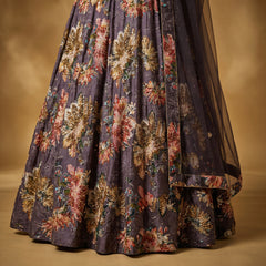 Dark purple floral printed lehenga skirt with gold and multicolor motifs