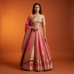 Pink multicolour woven lehenga set with cropped blouse and draped dupatta