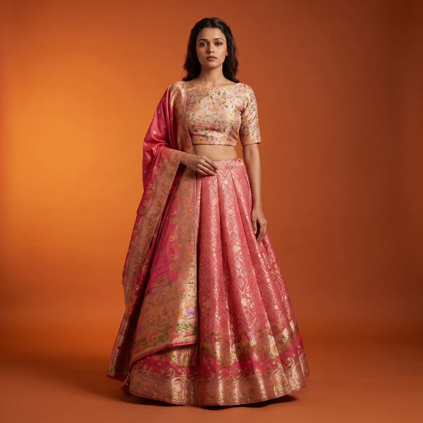 Pink multicolour woven lehenga set with cropped blouse and draped dupatta