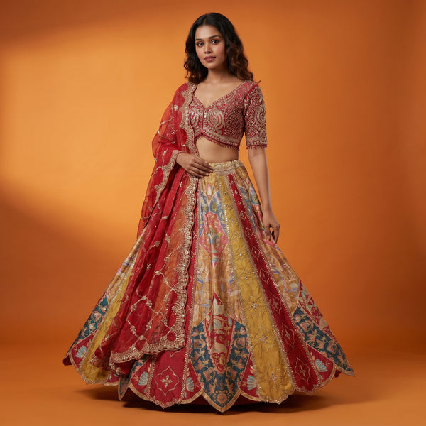Multicolor lehenga with embroidered blouse and flared skirt, red and gold tones