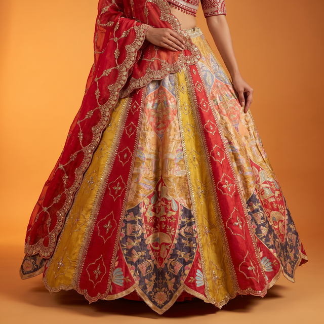 Multicolor flared lehenga skirt with red, gold, and pastel embroidered border