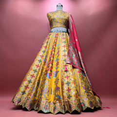 Multicolor Banarasi silk lehenga with flared skirt and matching drape, geometric motifs