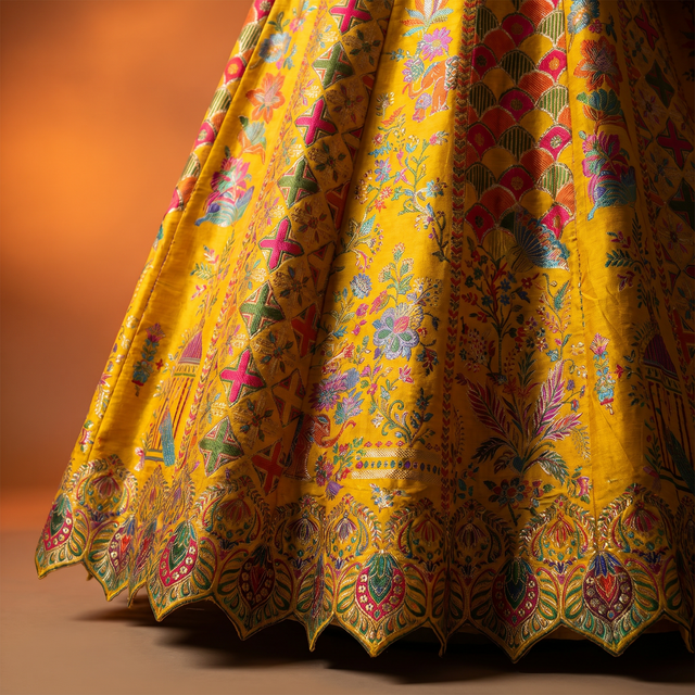 Yellow Banarasi silk lehenga skirt with ornate multicolor border and scalloped hem