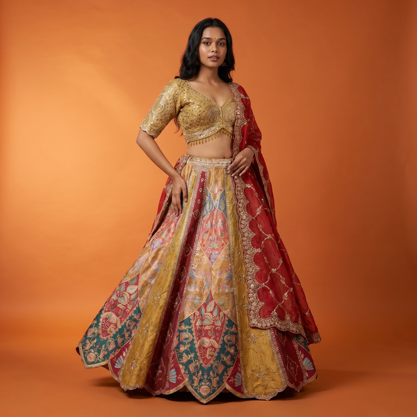 Varnali - Yellow Mustard Banarasi Fusion Mehendi Haldi Lehenga