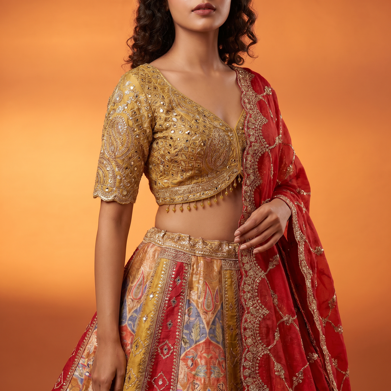 Varnali - Yellow Mustard Banarasi Fusion Mehendi Haldi Lehenga