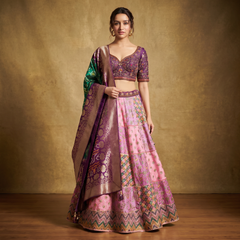 Pink multicolor patola print lehenga with mirror border and bandhej dupatta