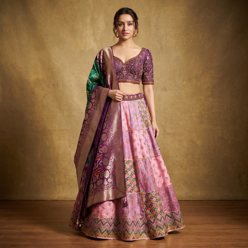 Pink multicolor patola print lehenga with mirror border and bandhej dupatta