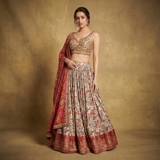 Ivory paisley print lehenga with gold sleeveless blouse and red bandhej dupatta, worn