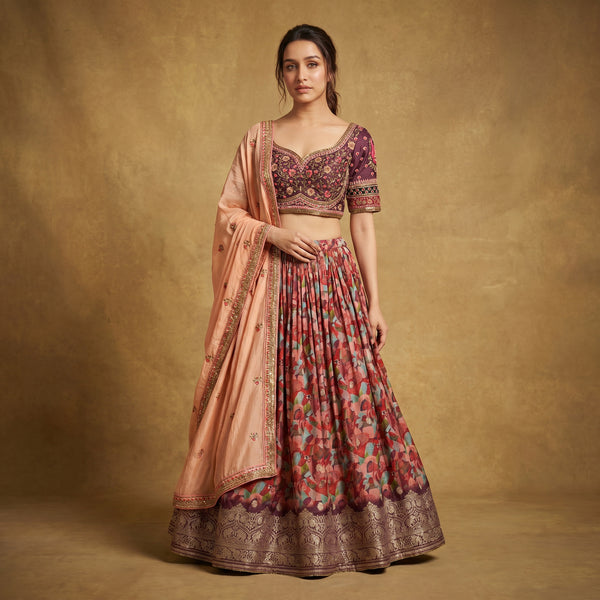 Multicolor floral lehenga with embroidered blouse, pink and gold trim
