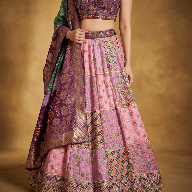 Pink multicolor patola print lehenga skirt with woven bands and dupatta