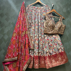 Varnali: Ivory Multicolor Paisley Print Lehenga with Bandhej Dupatta