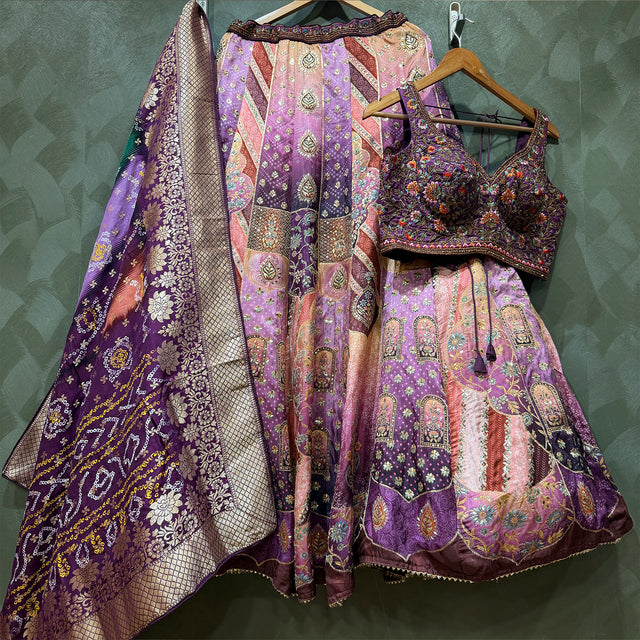 Lilac multicolor patola print lehenga with bandhej dupatta, folded view