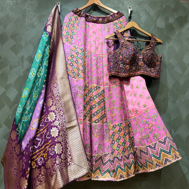 Pink patola print lehenga set with blouse, skirt, and draped dupatta