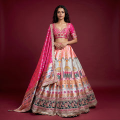 Multicolour embellished lehenga with pink blouse and patterned dupatta, full flared skirt