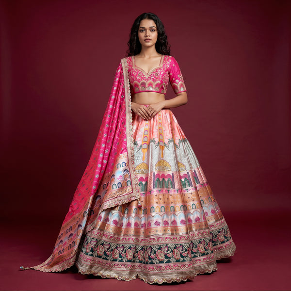 Multicolour embellished lehenga with pink blouse and patterned dupatta, full flared skirt
