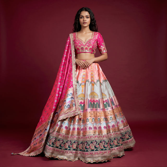 Multicolour embellished lehenga with pink blouse and patterned dupatta, full flared skirt