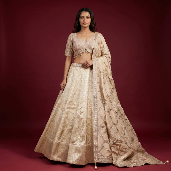 Ivory Banarasi lehenga with matching blouse, embroidered short sleeves