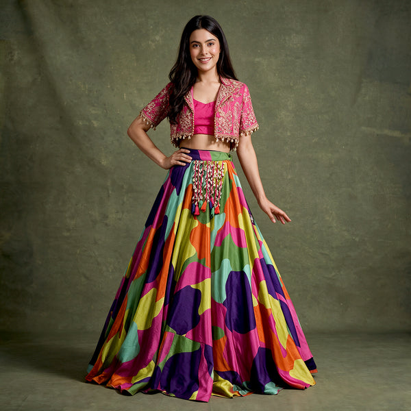 Varnali - Multicolour Printed Georgette Lehenga with Rani Pink Mirror Work Jacket