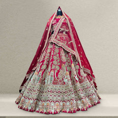 Amrapali - Peacock Deer Handwork Raw Silk Royal Maroon Bridal Lehenga