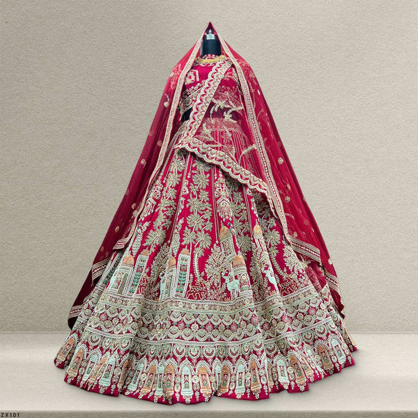 Amrapali - Peacock Deer Handwork Raw Silk Royal Maroon Bridal Lehenga