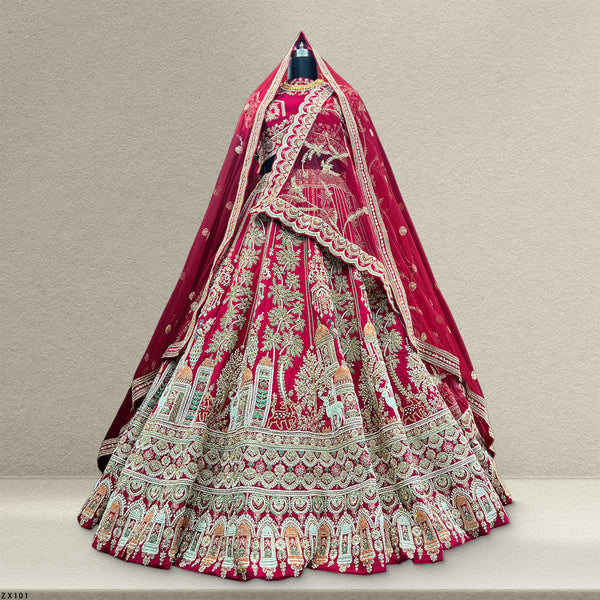 Amrapali - Peacock Deer Handwork Raw Silk Royal Maroon Bridal Lehenga