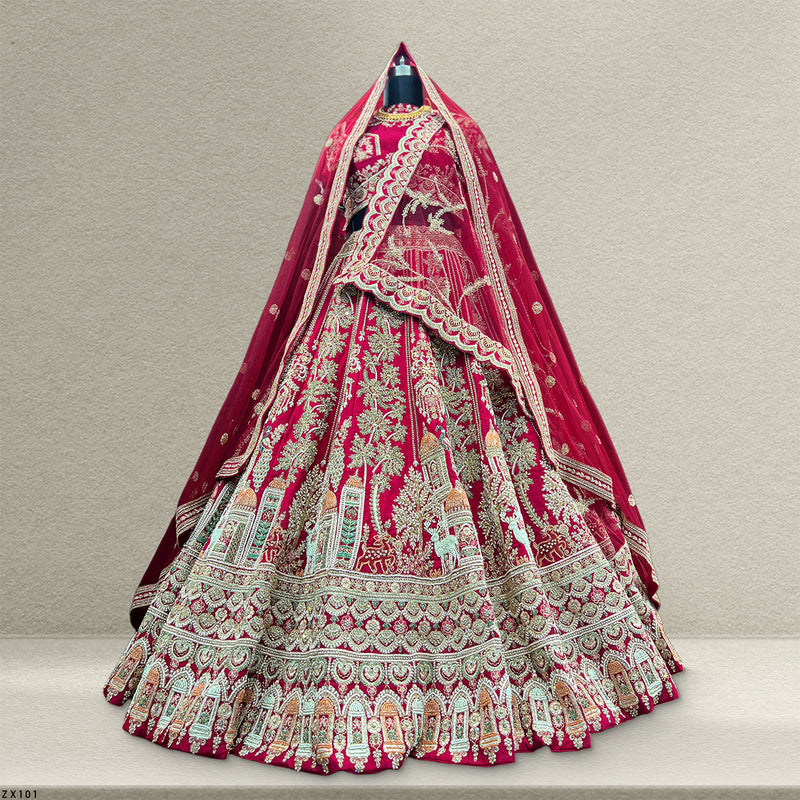 Amrapali - Peacock Deer Handwork Raw Silk Royal Maroon Bridal Lehenga