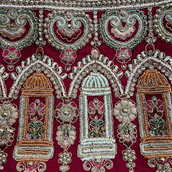 Amrapali - Peacock Deer Handwork Raw Silk Royal Maroon Bridal Lehenga