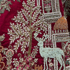 Amrapali - Peacock Deer Handwork Raw Silk Royal Maroon Bridal Lehenga