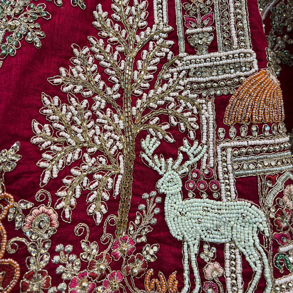 Amrapali - Peacock Deer Handwork Raw Silk Royal Maroon Bridal Lehenga
