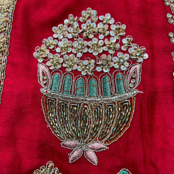 Amrapali - Palm Tree Handwork Raw Silk Royal Red Bridal Lehenga
